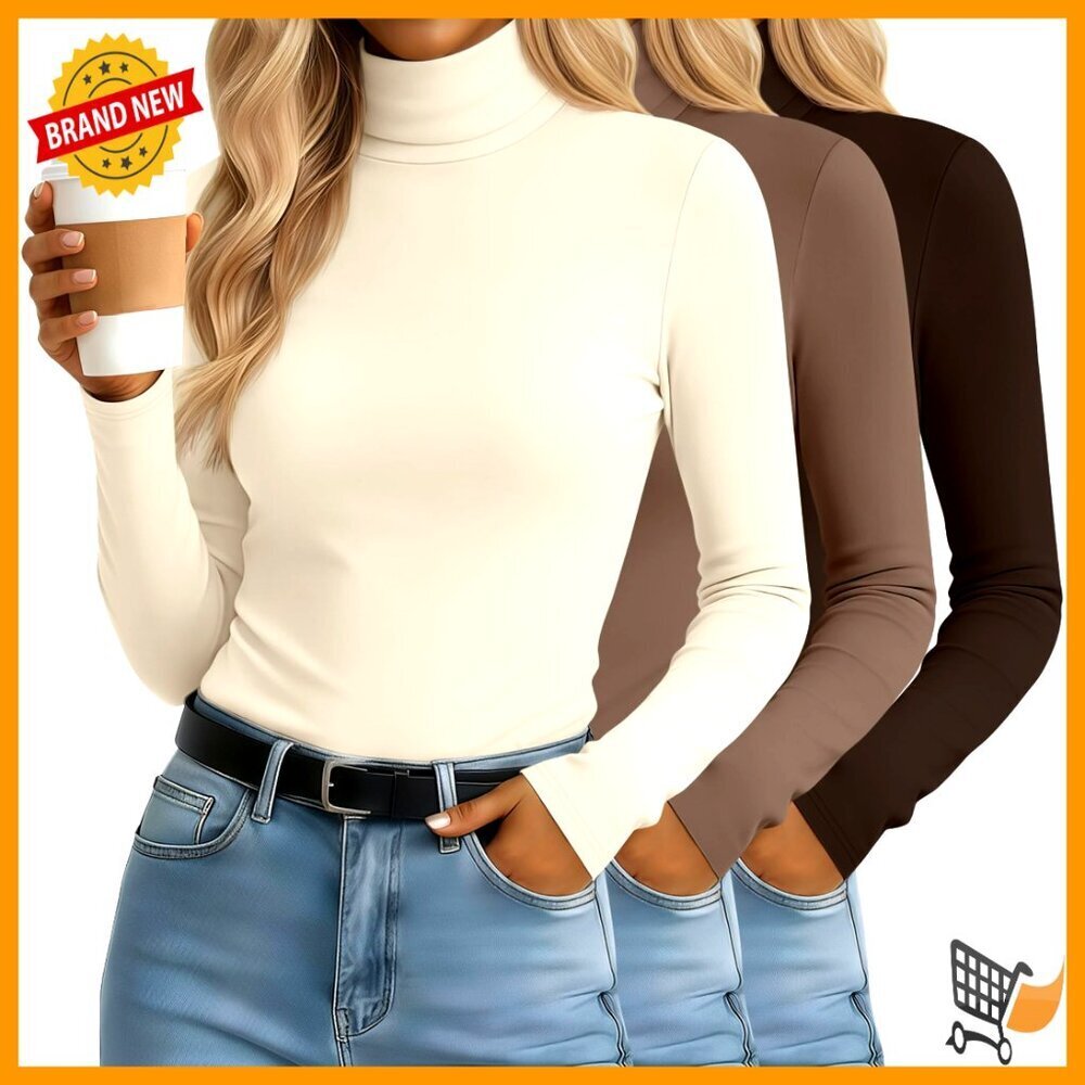 Women's Slim Fitted Turtleneck Tops Long Sleeve Stretch Base Layer Tees 3 Pack